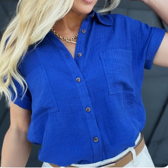 Solid Fold Sleeves Button Down In Royal Blue - Picture 3 of 9